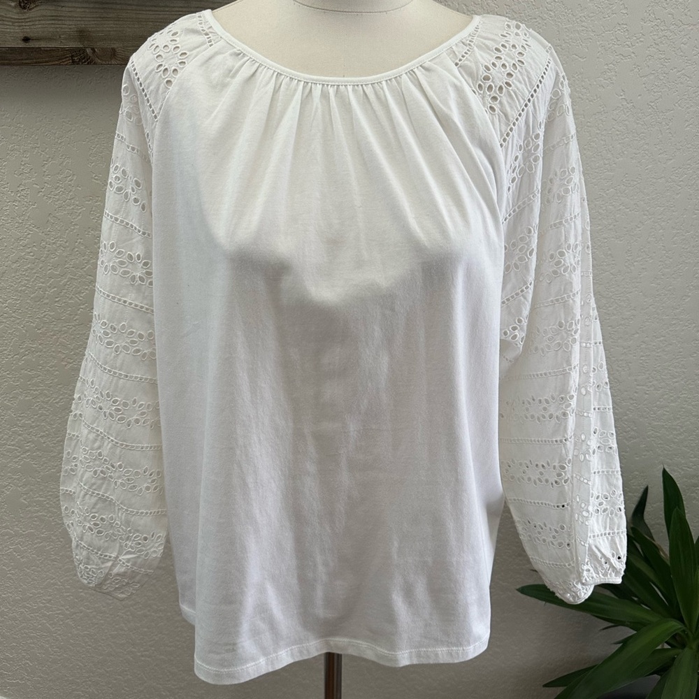J. Crew White Eyelet Sleeve Blouse Ladies L NWT AJ617